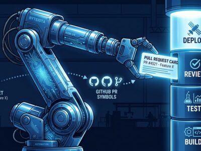 Robot arm Droid placing a pull request into an automated build-test-review-deploy pipeline, representing Factory AI autonomous software development