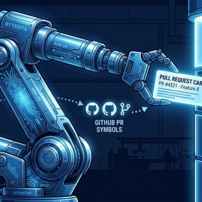 Robot arm Droid placing a pull request into an automated build-test-review-deploy pipeline, representing Factory AI autonomous software development