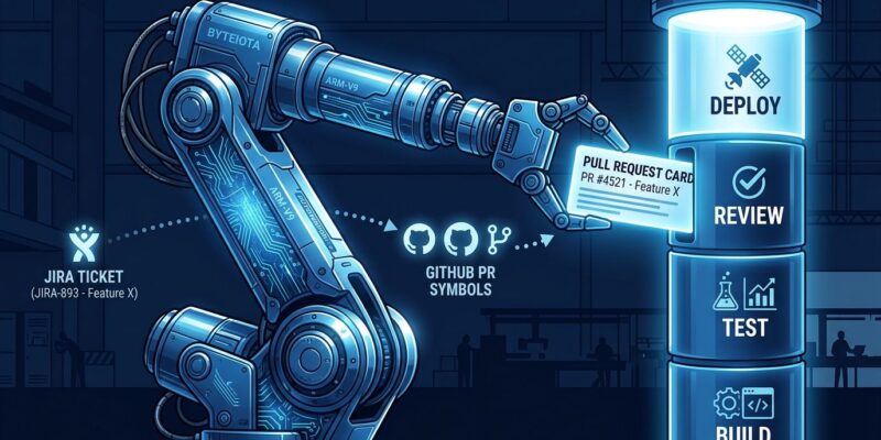 Robot arm Droid placing a pull request into an automated build-test-review-deploy pipeline, representing Factory AI autonomous software development