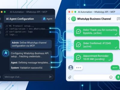 AI agent configuring WhatsApp Business API via Model Context Protocol - split panel interface showing developer chat and WhatsApp message templates