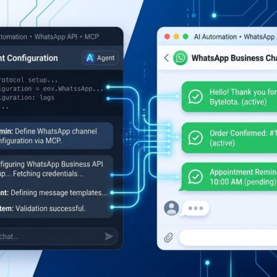 AI agent configuring WhatsApp Business API via Model Context Protocol - split panel interface showing developer chat and WhatsApp message templates