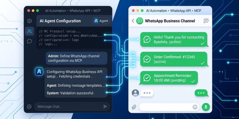 AI agent configuring WhatsApp Business API via Model Context Protocol - split panel interface showing developer chat and WhatsApp message templates