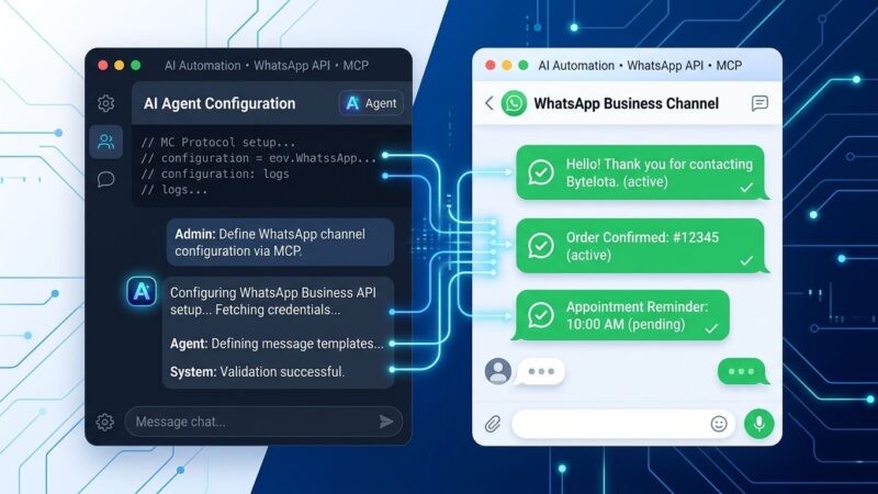 AI agent configuring WhatsApp Business API via Model Context Protocol - split panel interface showing developer chat and WhatsApp message templates
