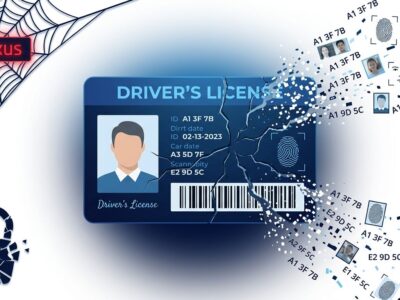 Cracked driver license card with data fragments escaping — representing the IDScan.net breach exposing 153 million driver license scans on the dark web