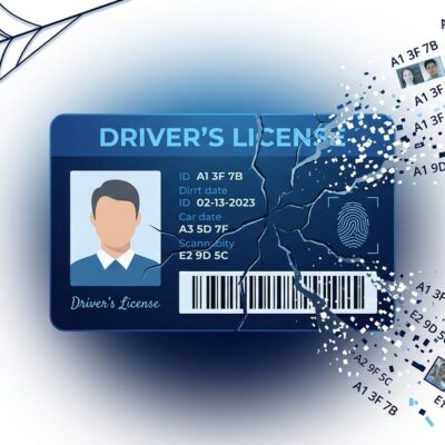 Cracked driver license card with data fragments escaping — representing the IDScan.net breach exposing 153 million driver license scans on the dark web