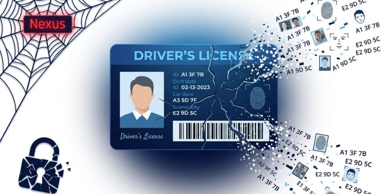 Cracked driver license card with data fragments escaping — representing the IDScan.net breach exposing 153 million driver license scans on the dark web