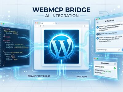 WordPress Playground browser interface with AI agent tools connected via WebMCP proxy, showing a WordPress iframe bridged to the outer page