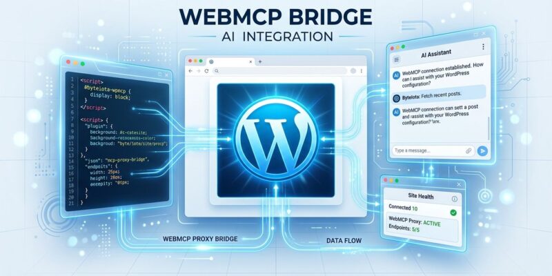 WordPress Playground browser interface with AI agent tools connected via WebMCP proxy, showing a WordPress iframe bridged to the outer page