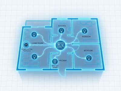 AI agent connection lines linking to Google Home smart devices - Nest thermostat, camera, and smart lights