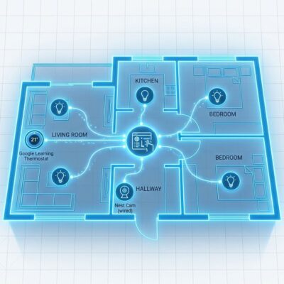 AI agent connection lines linking to Google Home smart devices - Nest thermostat, camera, and smart lights