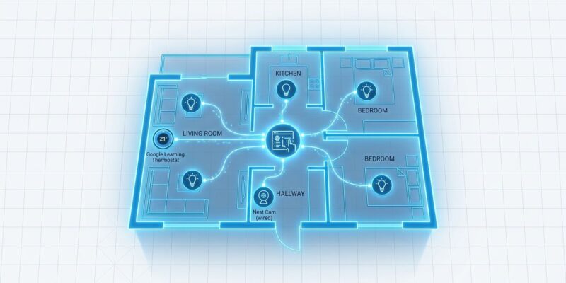 AI agent connection lines linking to Google Home smart devices - Nest thermostat, camera, and smart lights