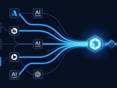 OmniRoute AI gateway routing diagram showing multiple AI providers converging into one endpoint with token compression