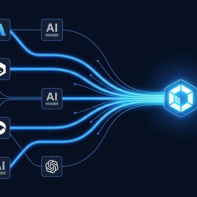 OmniRoute AI gateway routing diagram showing multiple AI providers converging into one endpoint with token compression