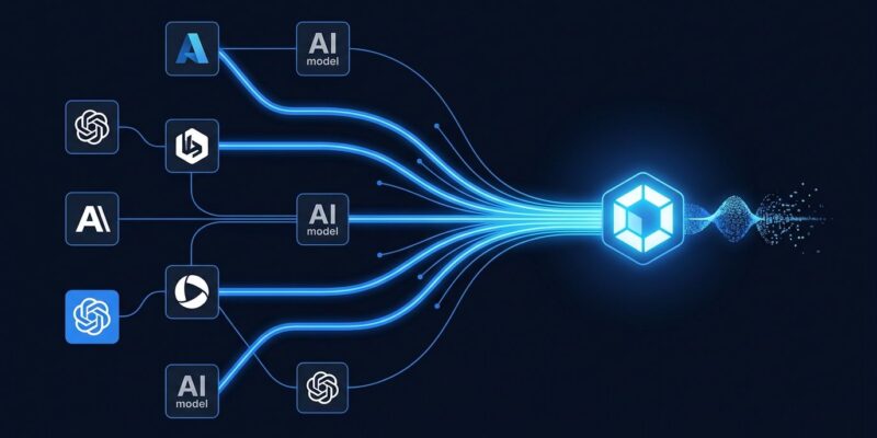 OmniRoute AI gateway routing diagram showing multiple AI providers converging into one endpoint with token compression