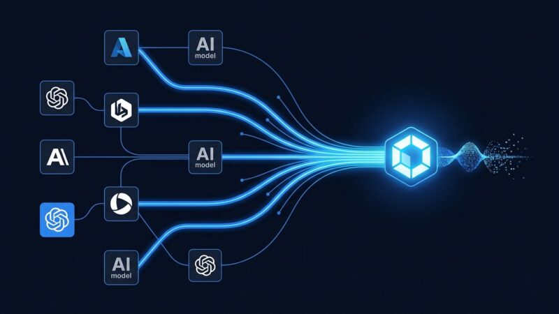 OmniRoute AI gateway routing diagram showing multiple AI providers converging into one endpoint with token compression