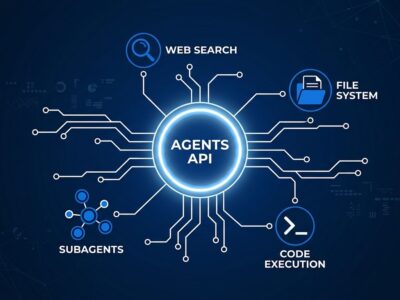 OpenAI Agents API public beta - interconnected AI agent nodes network diagram with blue and white tech aesthetic