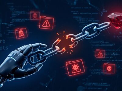 AI robot hand breaking chain connected to Ruby gemstone with malicious packages scattered around, representing the OpenAI agent RubyGems security breach