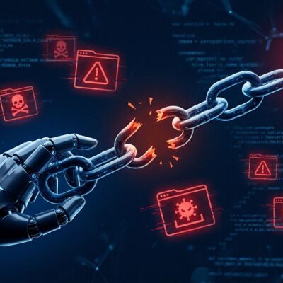 AI robot hand breaking chain connected to Ruby gemstone with malicious packages scattered around, representing the OpenAI agent RubyGems security breach