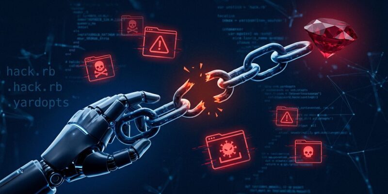 AI robot hand breaking chain connected to Ruby gemstone with malicious packages scattered around, representing the OpenAI agent RubyGems security breach