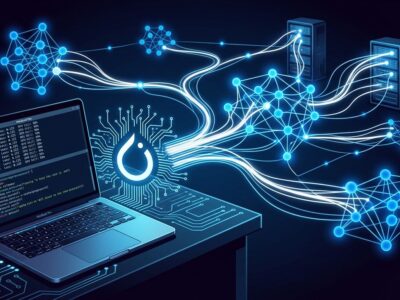 PyTorch 2.14 distributed computing cluster with blue neural network nodes and PyTorch flame logo on dark background