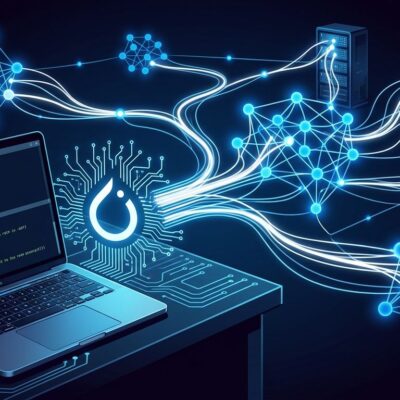 PyTorch 2.14 distributed computing cluster with blue neural network nodes and PyTorch flame logo on dark background