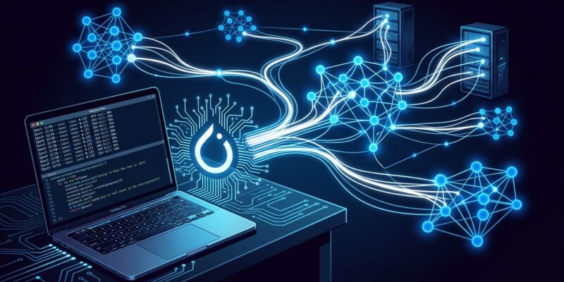 PyTorch 2.14 distributed computing cluster with blue neural network nodes and PyTorch flame logo on dark background