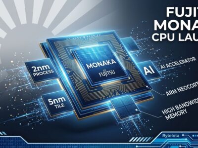 Fujitsu MONAKA 144-core ARMv9 server CPU chip die with matrix grid pattern for AI inference workloads