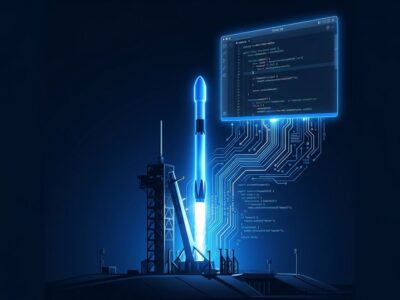 SpaceX rocket launch with code streams transforming into Cursor IDE window, representing Grok 4.6 AI coding model