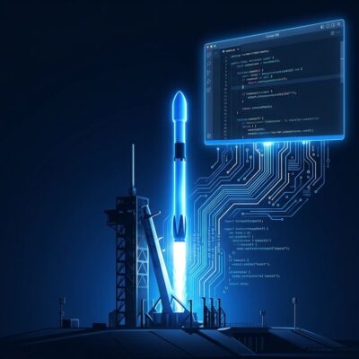 SpaceX rocket launch with code streams transforming into Cursor IDE window, representing Grok 4.6 AI coding model