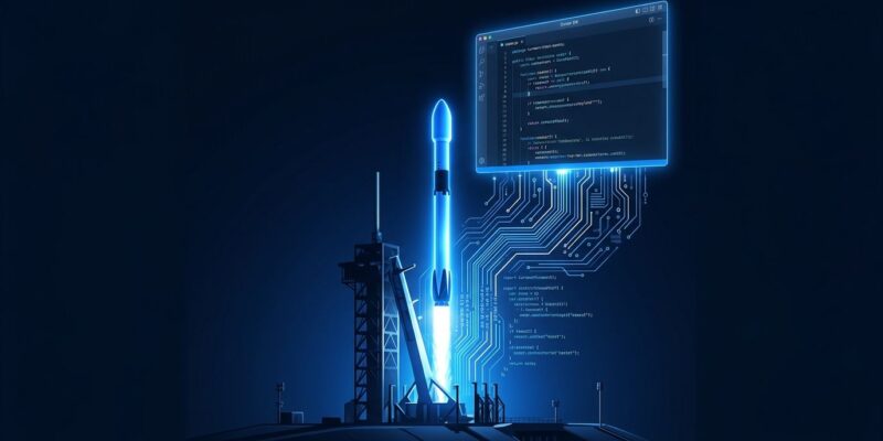SpaceX rocket launch with code streams transforming into Cursor IDE window, representing Grok 4.6 AI coding model