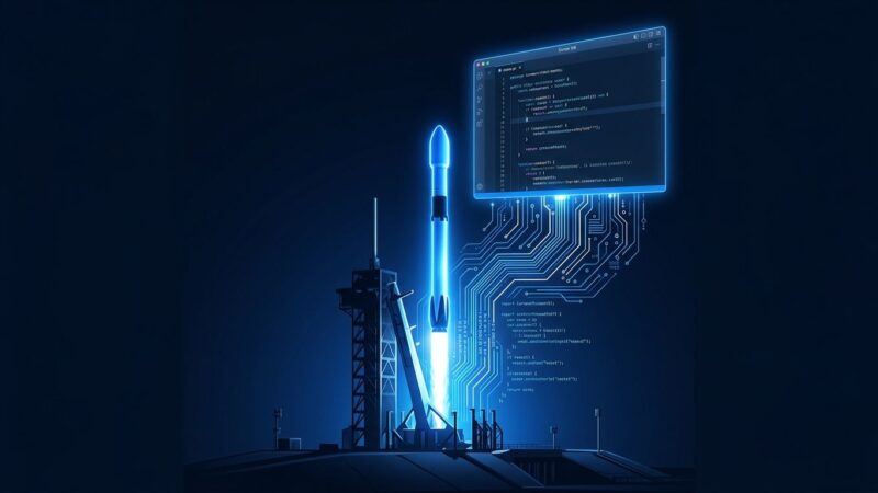 SpaceX rocket launch with code streams transforming into Cursor IDE window, representing Grok 4.6 AI coding model