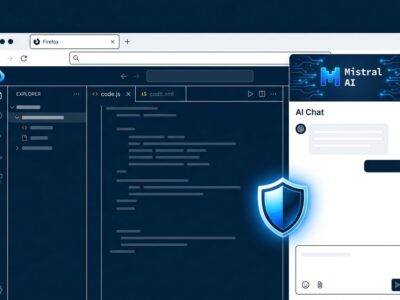 Firefox browser with Smart Window AI panel showing Mistral integration and privacy shield