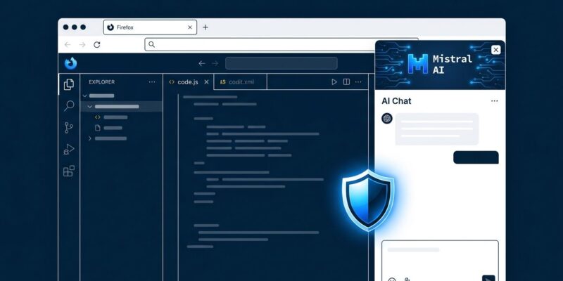 Firefox browser with Smart Window AI panel showing Mistral integration and privacy shield