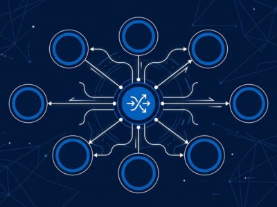 Network diagram showing Sakana Fugu Max intelligent routing across AI model specialists in blue and white