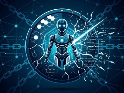 AI coding agent with broken security shield representing Plugin4Shell supply chain vulnerability
