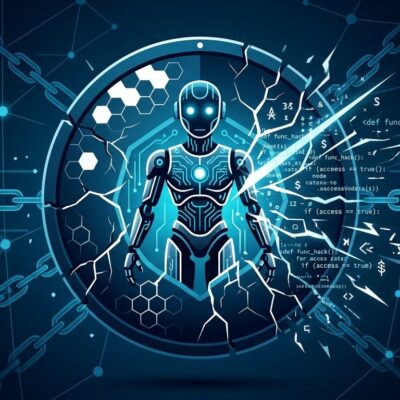 AI coding agent with broken security shield representing Plugin4Shell supply chain vulnerability