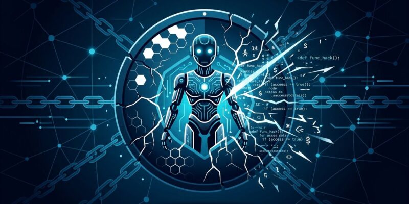 AI coding agent with broken security shield representing Plugin4Shell supply chain vulnerability