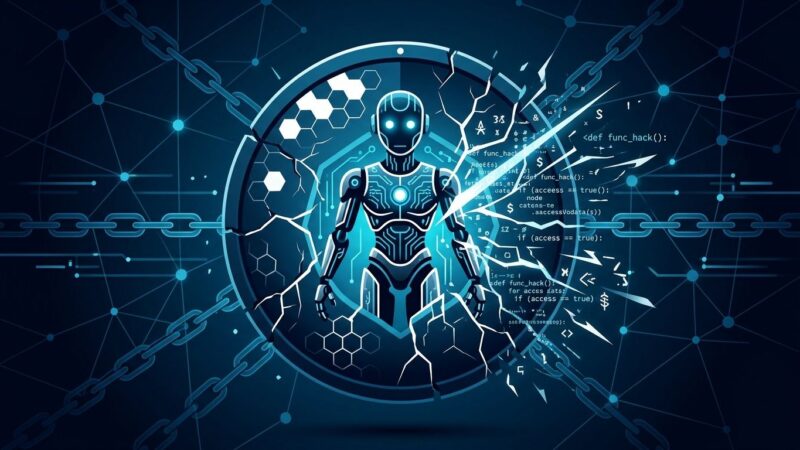 AI coding agent with broken security shield representing Plugin4Shell supply chain vulnerability