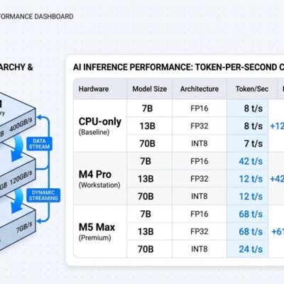 Data visualization dashboard comparing Colibri inference speeds across CPU-only, M4 Pro, and M5 Max hardware with storage hierarchy diagram