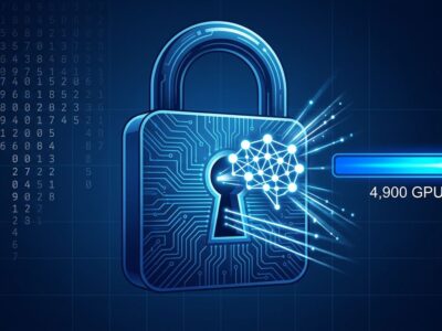 AI circuit-board padlock with RSA-260 digit cascade representing Devin AI factoring the RSA-260 cryptographic challenge