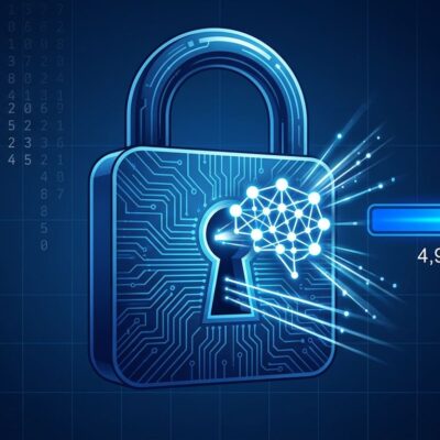 AI circuit-board padlock with RSA-260 digit cascade representing Devin AI factoring the RSA-260 cryptographic challenge
