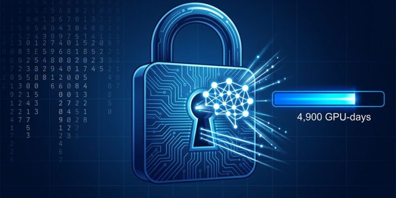 AI circuit-board padlock with RSA-260 digit cascade representing Devin AI factoring the RSA-260 cryptographic challenge