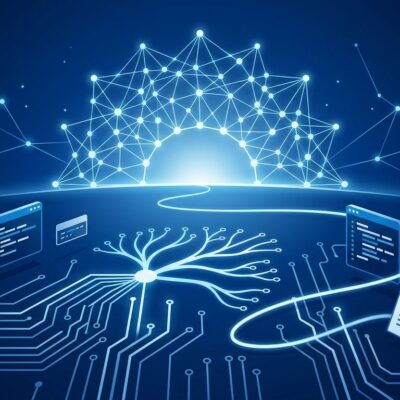 Neural network constellation visualization representing Atria Dawn Preview, Shanghai AI Lab's 744B Mixture-of-Experts agentic model with deep blue and white ByteIota brand colors