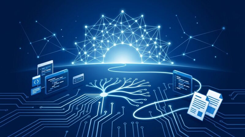 Neural network constellation visualization representing Atria Dawn Preview, Shanghai AI Lab's 744B Mixture-of-Experts agentic model with deep blue and white ByteIota brand colors