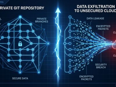 Split-screen showing git history on left dissolving into encrypted data packets flowing to cloud server, representing ZCode's silent repository upload