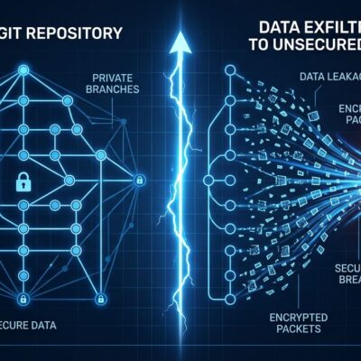Split-screen showing git history on left dissolving into encrypted data packets flowing to cloud server, representing ZCode's silent repository upload