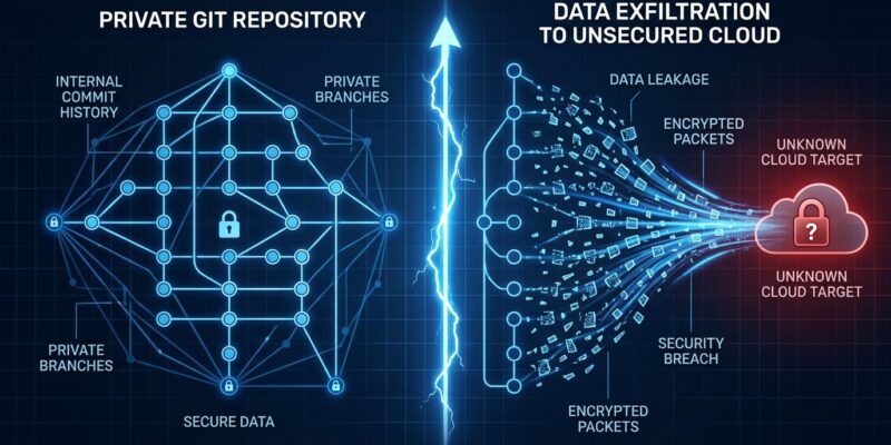 Split-screen showing git history on left dissolving into encrypted data packets flowing to cloud server, representing ZCode's silent repository upload