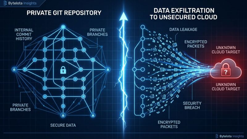 Split-screen showing git history on left dissolving into encrypted data packets flowing to cloud server, representing ZCode's silent repository upload