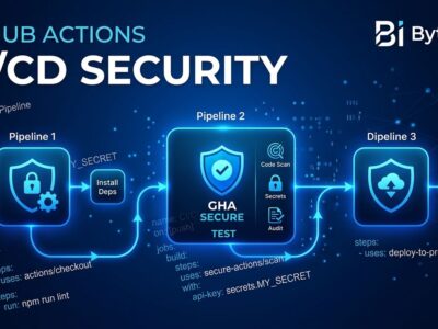 GitHub Actions CI/CD pipeline security visualization showing three pipeline nodes with shield icons and YAML workflow code