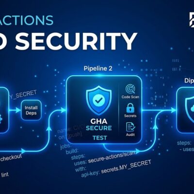 GitHub Actions CI/CD pipeline security visualization showing three pipeline nodes with shield icons and YAML workflow code